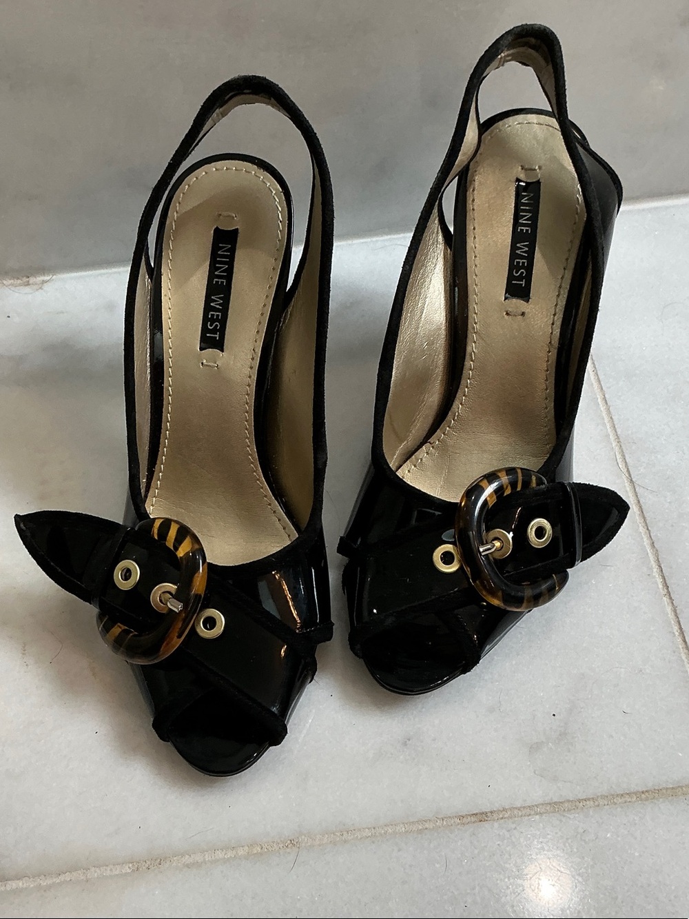 Nine West Black Patent Slingback Heels with Tortoiseshell Buckle 9 new